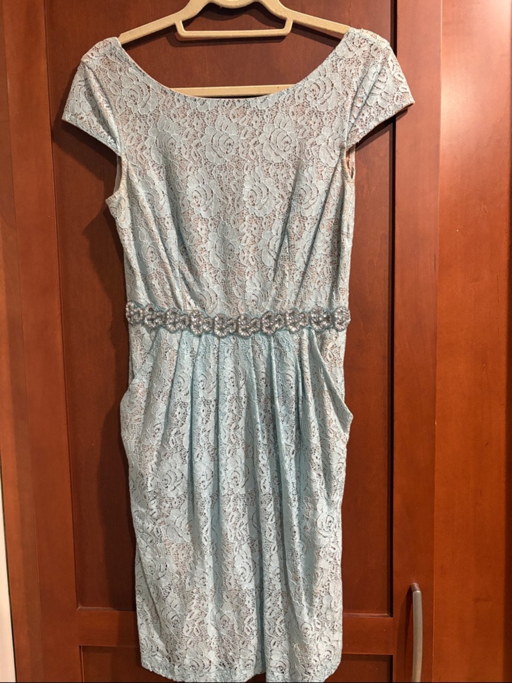 City Triangles Light Blue Lace Midi Dress with Beaded Waist